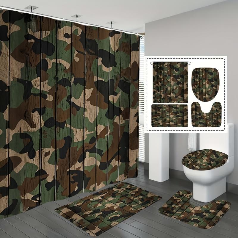 Camo Pattern Set - 4-delige camouflage houten print douchegordijnset, douchegordijnset
