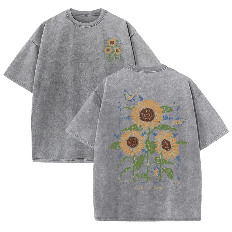 zonnebloemprint gewassen T-shi - Street Fashion Shanghai recensie en prijs